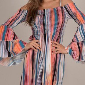 Molly Bracken boho retro stripe smocked dress M